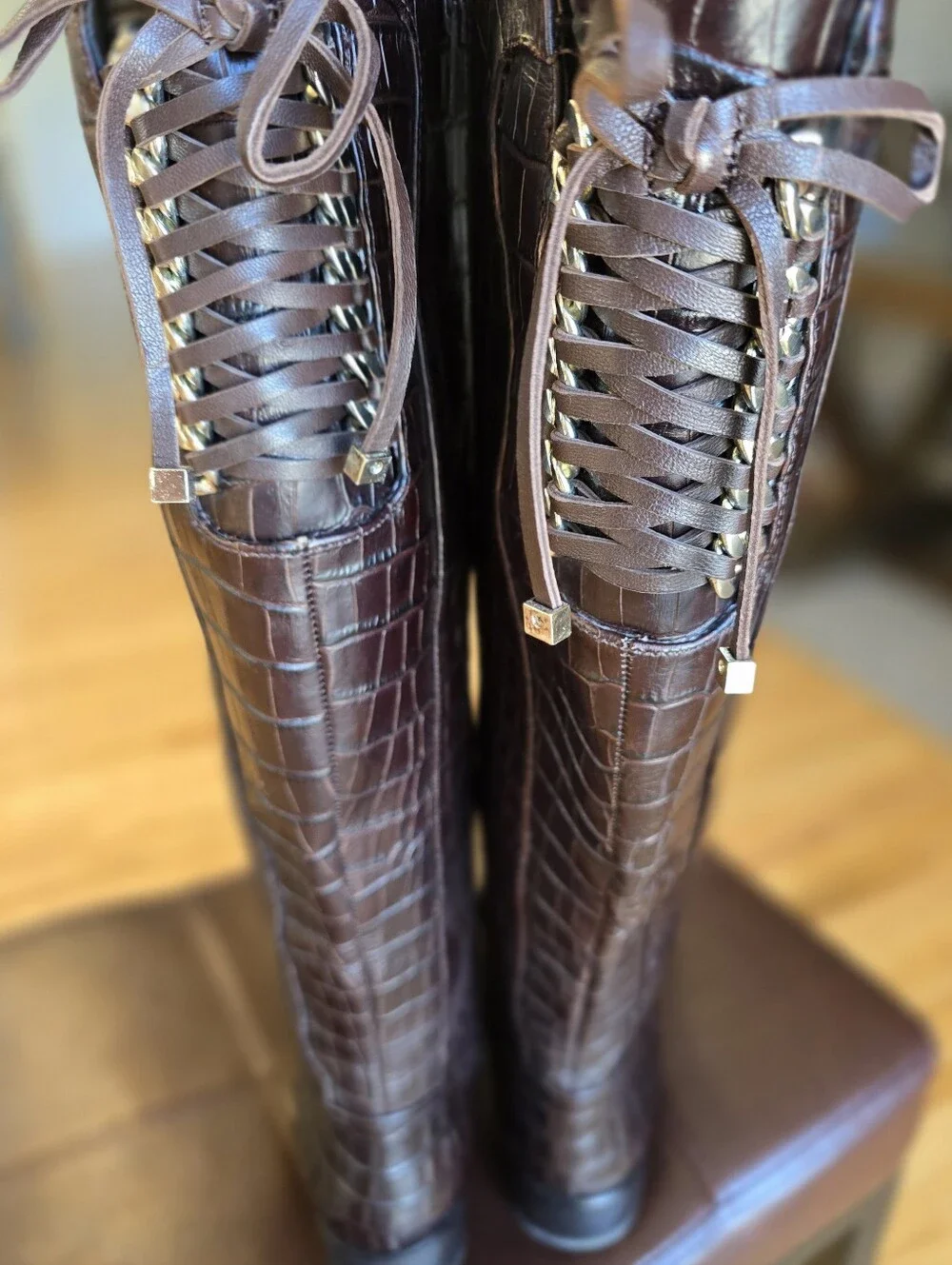 ANTONIO MELANI Croc-Embossed Knee High Boots in Dark Brown Size 8